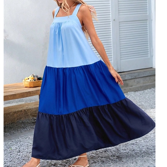 Boho Blue Color Block Ruffle Hem Maxi Dress - Picture 4 of 5
